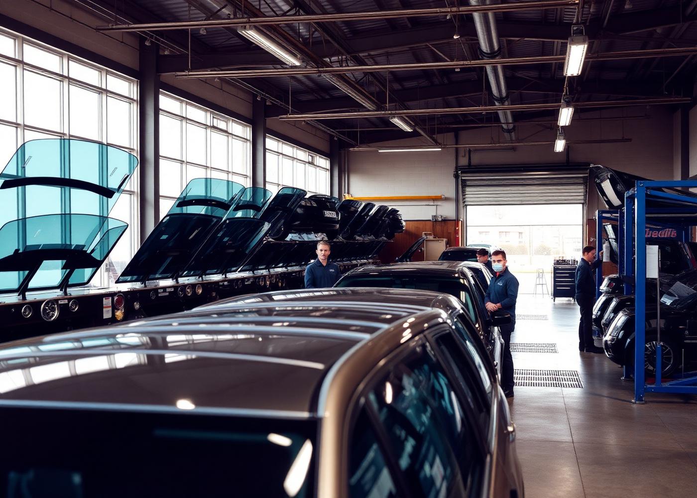 Glass workshop with racks of windscreens